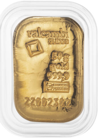 Goldbarren 50 Gramm Valcambi gegossen