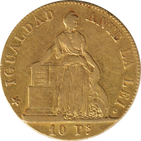 10 Pesos Chile 1855 stehende Liberty mit Wappen